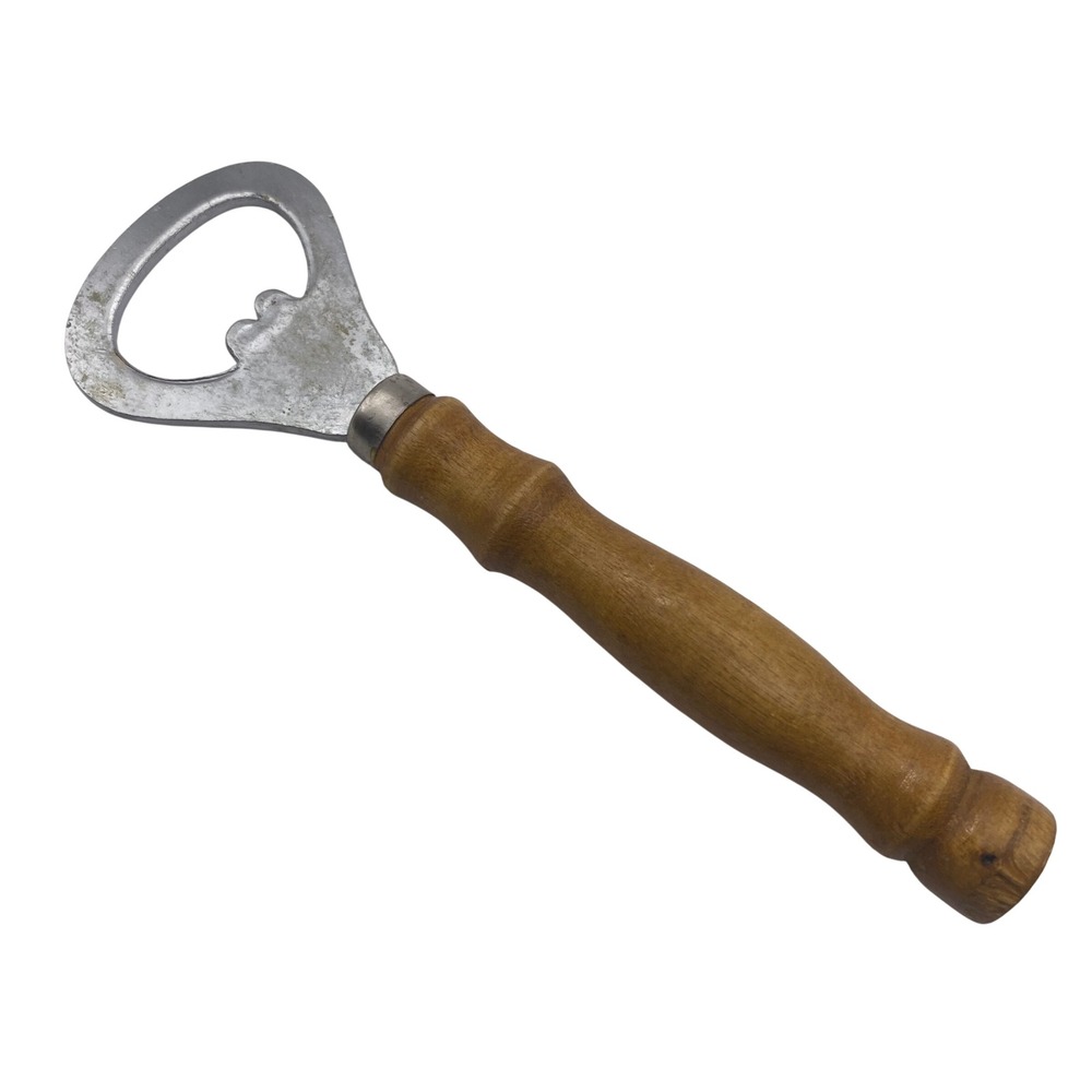 Vintage Wood Handle Bottle Opener Stainless Steel Barware MCM